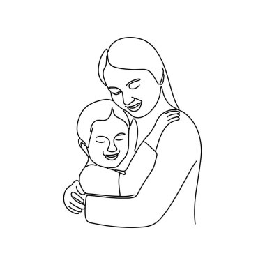 Bir anne bu el çizimi resimde çocuğunu sevgiyle kucaklıyor. Anneler Günü için tasarlanmış bir tasarım..