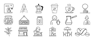 Kafe ikonlarının seti şık ve minimalist bir tasarıma sahiptir. Satır sanatı ile kişiselleştirilebilir kahve ikonları sunar.