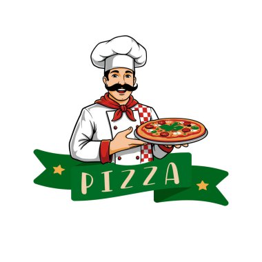 Pizza logosu. Pizza dükkanlarının kullanabileceği göz alıcı bir tasarım. Düzenlenebilir logo şablonu.