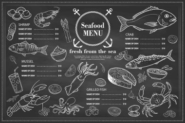 Elle çizilmiş detaylarla sunulmuş deniz mahsulleri. Restoran ve deniz kenarı kafe menüleri için kullanılabilir bir vektör.