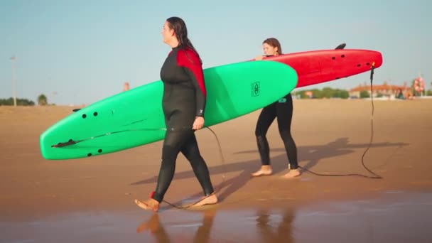 Portugal Carcavelos Octubre 2022 Surfistas Hembra Con Tabla Surf Caminando — Vídeos de Stock
