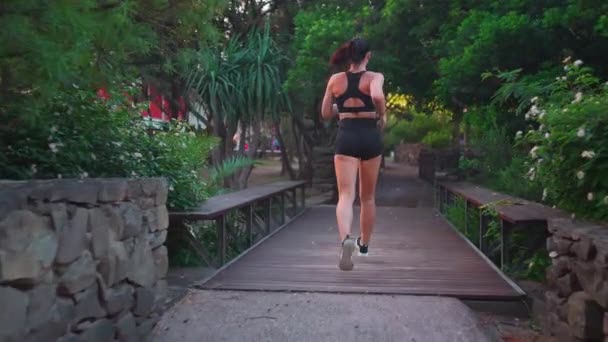 Mujer Mediana Edad Corriendo Día Verano Parque Ciudad Vista Trasera — Vídeo de stock