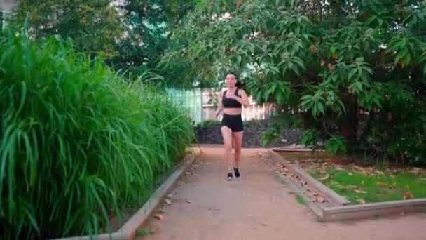 Confidence Middle Aged Woman Jogging Summer Day City Park Caucasian — Stock Video