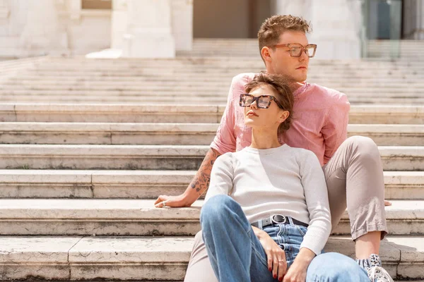 Young Beautiful Hipster Couple Love Sitting Stairs Old City Street —  Fotos de Stock