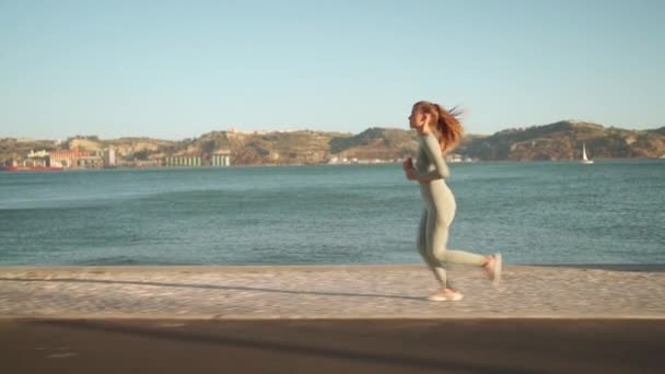 Confident Fit Female Jogging Embankment Area Coastal City Beautiful Sunny — Video Stock