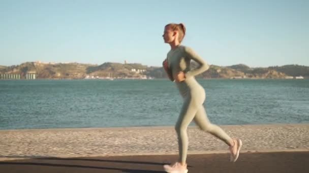Confident Fit Female Jogging Embankment Area Coastal City Beautiful Sunny — 비디오