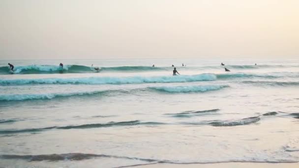 Portugal Carcavelos Octubre 2022 Grupo Surfistas Trajes Neopreno Monta Las — Vídeos de Stock