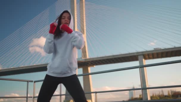 女性ボクサーの訓練や屋外の設定で彼女の動きを練習パーカーを身に着けていた リスボンのヴァスコ ガマ橋を背景にした女性ボクシングの自然ワークアウト Parque Das Nation — ストック動画