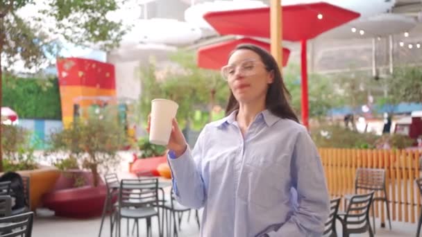 Woman Drinking Coffee Paper Cup Outdoor Beautiful Female Person Drinking — Video