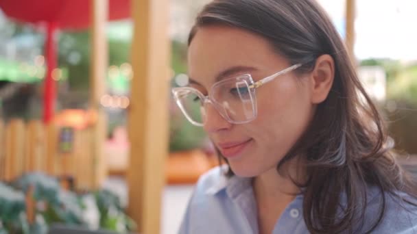 Close Side View Young Woman Face Eyeglasses Caucasian Brunette Female — Stock video