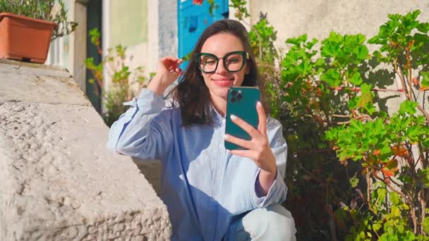Woman Glasses Using Smartphone Outdoor Sitting Stairs Looking Device Screen — Video