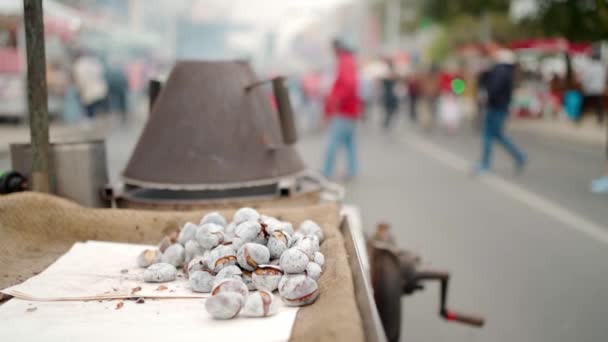 烤栗子摊贩在城市街道上出售 传统街头食品 — 图库视频影像