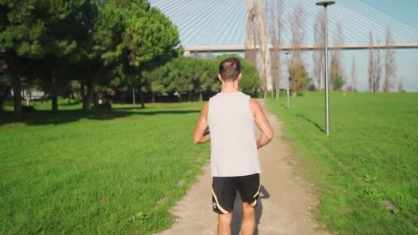 男子慢跑者在公园里跑 阳光明媚的一天后视镜 运动员在有桥牌背景的城市公园进行有氧训练 在早晨训练真实的人 养成健康的生活方式 — 图库视频影像