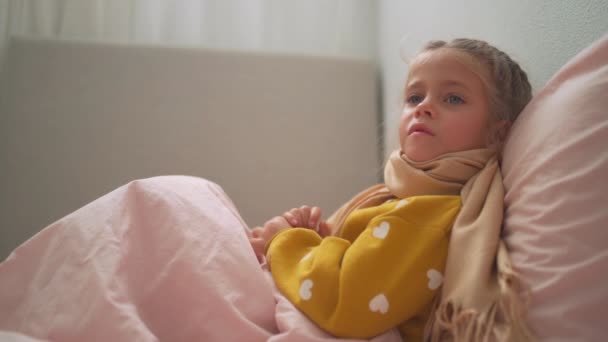 Child Girl Plaid Scarf Suffering Coronavirus Allergy Sneezes Snot Napkin — Vídeos de Stock