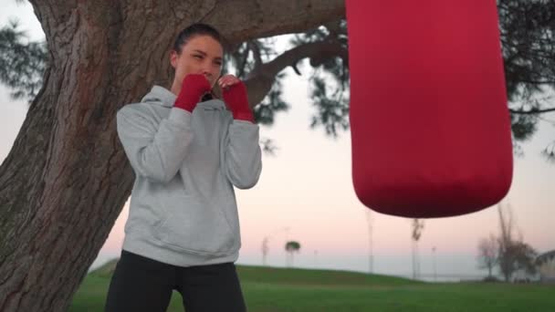 健身女子在室外体育馆训练拳击袋 田径女子在公园使用拳击重袋 在公园的树上挂着拳击重袋 健身动机战斗人员培训 — 图库视频影像