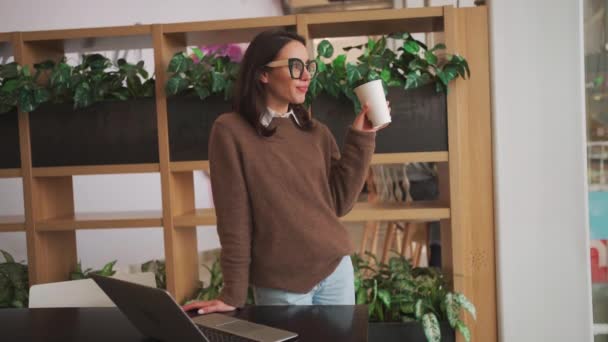 Üzletasszony Kávézni Vár Kollégák Tárgyalóteremben Női Ügyvezető Szakmai Vállalkozó Segítségével — Stock videók