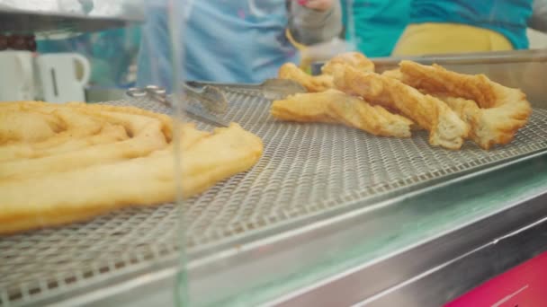 Fresh Churro Productions Street Food Vendor Prepares Churros Squeezing Dough — Stock Video