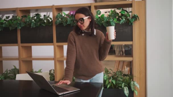 在会议室写字台上工作的女商人 在工作场所喝咖啡的女行政人员 使用电脑公司软件打字键盘的女行政人员 — 图库视频影像