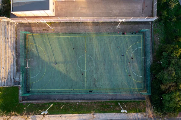Vista Superior Drone Aéreo Campo Futebol Mini Com Tampa Plástica — Fotografia de Stock