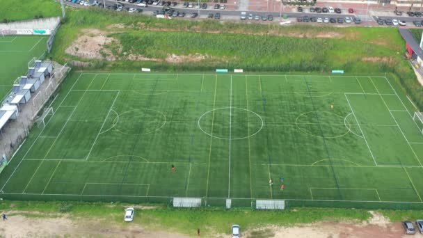 Football Field Aerial View Public Soccer Court Training Competition City — Stock Video