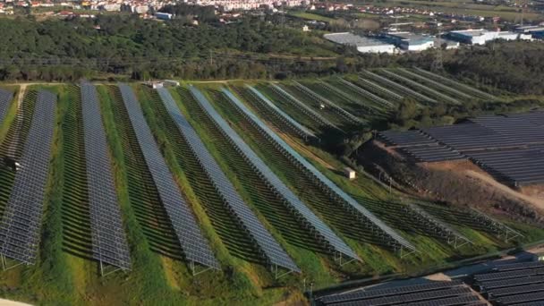 有阳光的太阳能电池板农场的空中景观 无人机飞越太阳能电池板地面可再生能源概念 — 图库视频影像