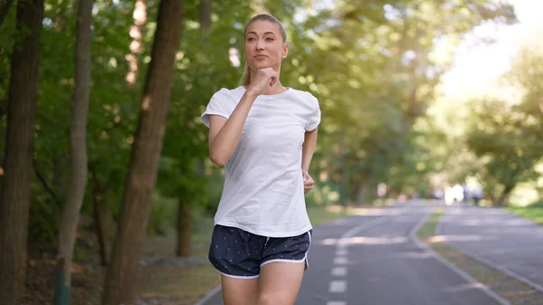 Woman Running Asphalt Road Summer Park Active Sporty Caucasian Female — Stock Photo, Image