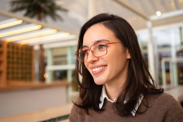 stock image Middle age beautiful businesswoman wearing glasses close up side view portrait looking side on free space, relax profile pose with natural face and confident smile.