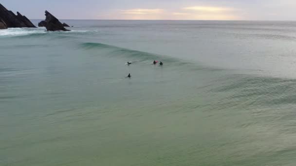 Aerial View Unidentified Surfers Wetsuit Enjoys Swimming Bodyboarde Surfing Atlantic — Stock Video
