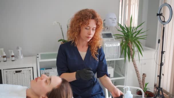 Cosmetologist Put Sterile Black Gloves Hands Preparing Medical Procedures Woman — Stock Video