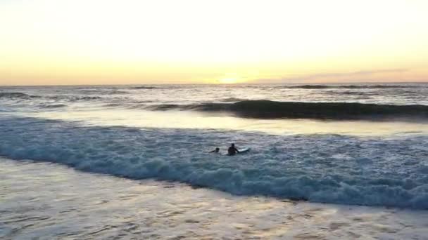 Surfistas Despegan Con Montón Salpicaduras Monta Ola Oceánica Atardecer Océano — Vídeos de Stock