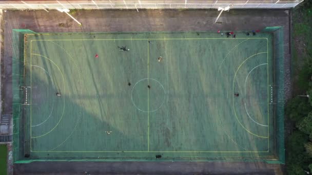 Aerial Drone Top View Mini Football Soccer Field Artificial Plastic — Stock Video