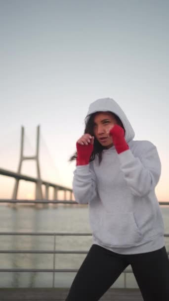 Dişi Boksör Kapüşonlu Kazak Giyip Kol Kaslarını Isıtıyor Atletik Kadın — Stok video