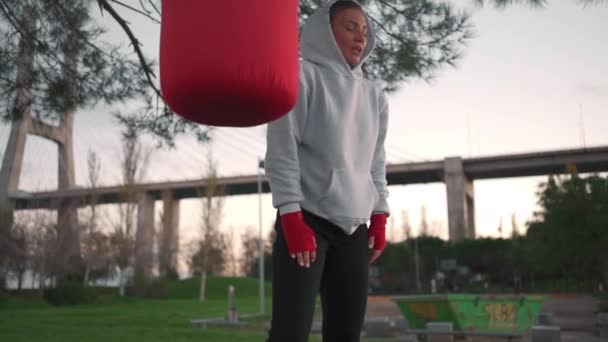 Kickboxing Vrouw Hoodie Raken Bokszak Tijdens Het Boksen Workout Park — Stockvideo