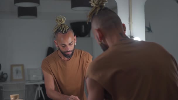 Black Male Gay Applying Make Looking Mirror Standing Back Camera — Stock Video