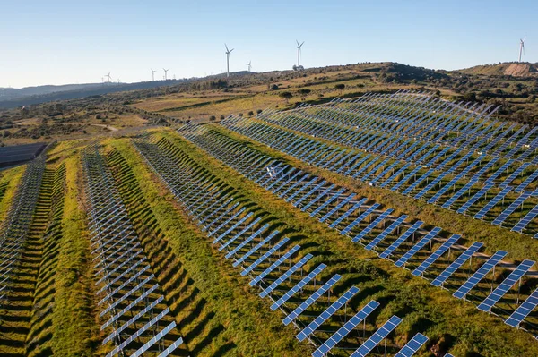 Paneles Solares Tierras Cultivo Que Producen Energía Renovable Para Diferentes — Foto de Stock