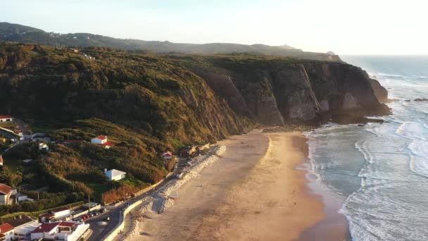 Sonnenuntergang Strand Praia Grande Portugal Schöner Sonnenuntergang Portugiesischen Strand Praia — Stockvideo