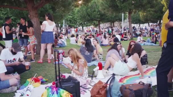 ポルトガル リスボン 2023年6月 公園でプライドパレードを準備する活動家 Lgbtqのポスター 虹の旗に囲まれた草の上に座っている人々 プライドパレードを期待して携帯電話を使用する人 — ストック動画