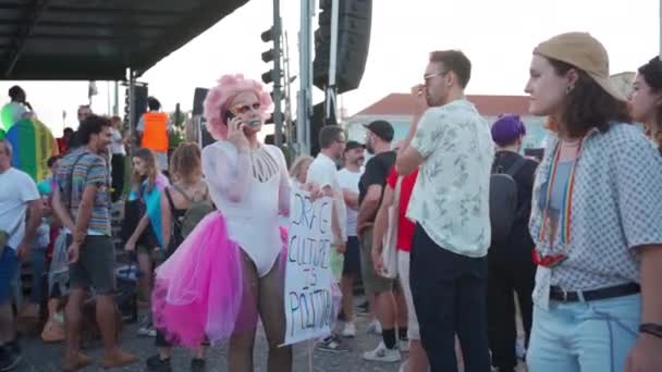 Lisbon Portugal June 2023 Drag Queen Using Cell Phone Pride — Stock Video
