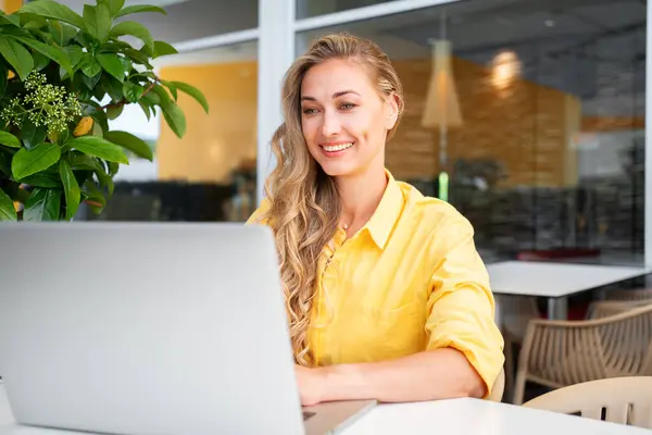 Freelance Woman Using Laptop Outdoor Freelance Worker Sitting Cafe Terrace Stock Image