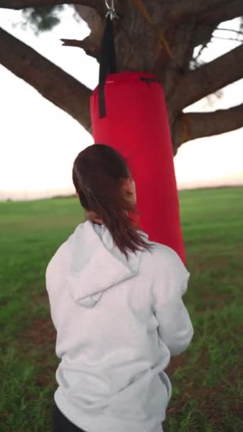 Mujer Kickboxing Sudadera Con Capucha Golpeando Saco Boxeo Mientras Entrenamiento — Vídeo de stock