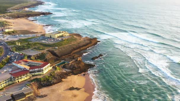 Drone Top View Hotel Praia Guincho Coastline Portugal Beautiful Beach — Stock Video