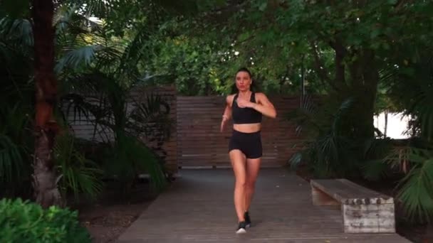 Sportowa Kobieta Biegająca Parku Biegaczka Podczas Codziennego Treningu Biegowego Świeżym — Wideo stockowe