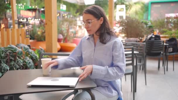 Uczennica Przygotowuje Się Pracy Nad Projektem Kobieta Studiująca Online Kawiarni — Wideo stockowe