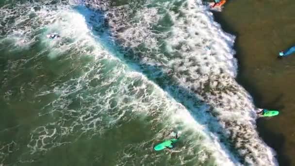 Luchtfoto Top View Groep Surfers Met Lange Surfplanken Surfen Zee — Stockvideo