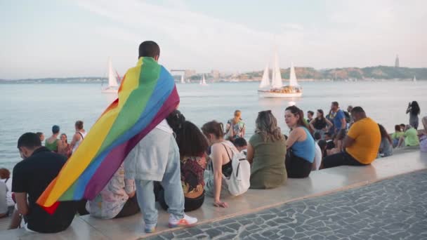 Lisbon Portugal June 2023 Lgbt People Relaxing Promenade Enjoying Sailboats — Stock Video