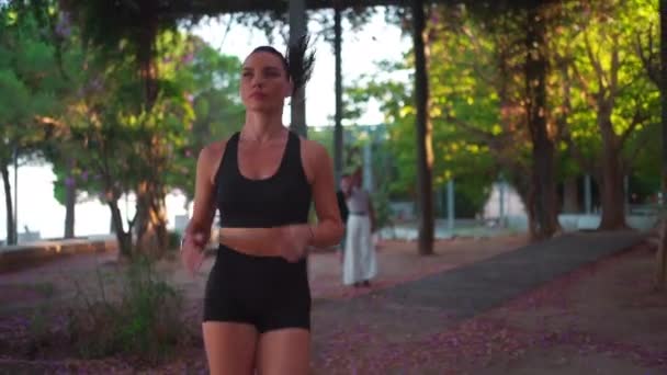 スポーティな女性は自然の中でジョギングします 緑の公園で走る黒いスポーツウェアの女性アスリートを決定 フィット女性は木に沿って歩道でジョギング運動 — ストック動画