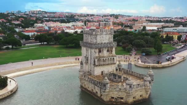 Légi Felvétel Belem Toronyról Kilátással Városképre Erődítmény Emlékmű Lisszabonban Tagus — Stock videók
