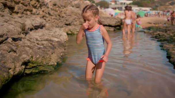 可爱的小女孩穿着泳衣 抱着鼻子 把头浸入海水中 可爱的女婴在阳光灿烂的日子里在岩石边享受暑假 在海里玩耍的孩子 — 图库视频影像