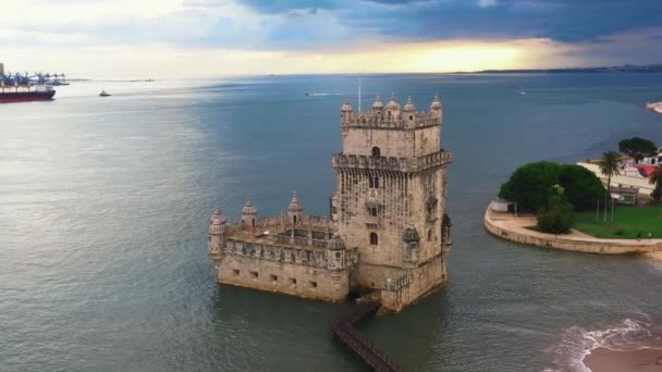 Belem Kulesi Hava Manzaralı Lizbon Daki Tagus Nehri Ndeki Kale — Stok video