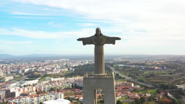 Drone View Atractivo Panorama Aéreo Cristo Rei Estatua Lisboa Almada — Vídeo de stock